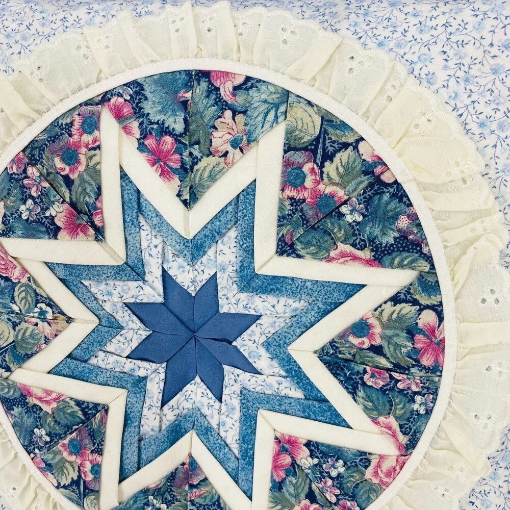 Vintage Handmade Amish Quilt Star Throw Pillow Blue White Floral Patchwork Ruffl